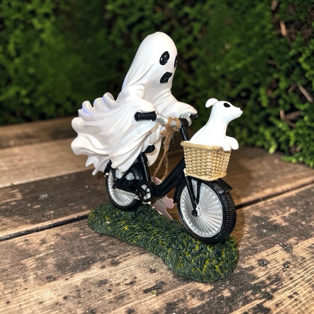 Goblin & Ghoul Halloween Ghost Riding & Dog in Bike Basket Figurine Viral NWT